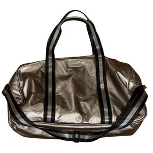 Louenhide Metallic Silver Vegan Leather Duffel Bag Striped Straps Travel Gym Bag